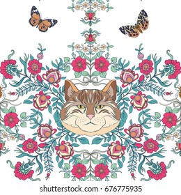 Seamless pattern, background with vintage style flowers and cats
