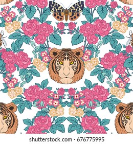 Seamless pattern, background with vintage style flowers and tige