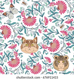 Seamless pattern, background with vintage style flowers and cats
