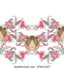 Seamless pattern, background with vintage style flowers and tige