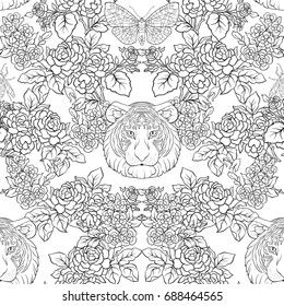 Seamless pattern, background with vintage style flowers and anim