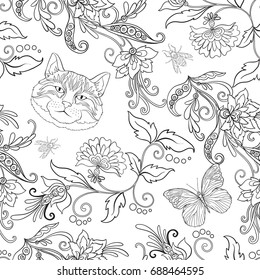 Seamless pattern, background with vintage style flowers and anim