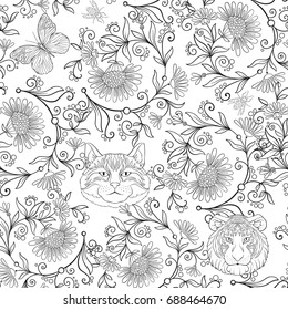 Seamless pattern, background with vintage style flowers and anim