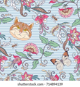 Seamless pattern, background with vintage style flowers and anim