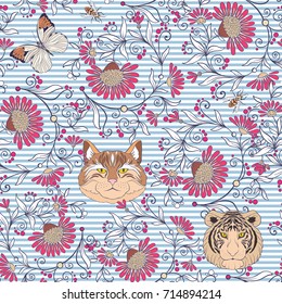 Seamless pattern, background with vintage style flowers and anim