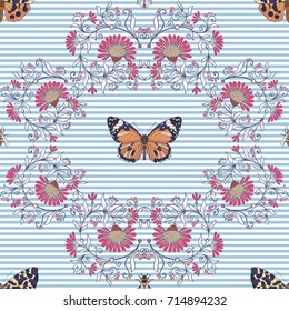 Seamless pattern, background with vintage style flowers and anim