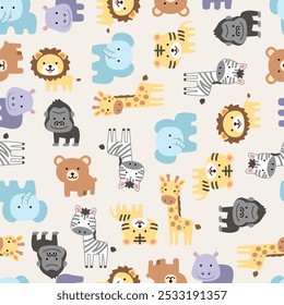 Seamless pattern background wallpaper animals zoo forest wildlife simple illustration drawing kiddy children tiger, gorilla, elephant, bear, zebra, giraffe, lion