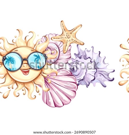 Seamless pattern background wallpaper featuring summer vibes with sunshine, seashells, and starfish for joyful beach holidays and festive occasions