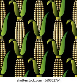 Seamless pattern background wallpaper illustration with 3d decorative gold fresh ripe corn cobs.Vector elegant fabric texture.Black backdrop.Corn cobs pattern.