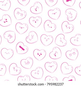 Seamless pattern, background, wallpaper, texture with different emotions heart. Collection of emoticons for site, info graphics, video, animation, websites, mails, newsletters, comics. Doodle backdrop