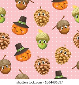 Seamless pattern background with walnuts, pumpkins and dried pine cones.