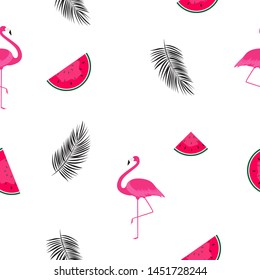 Seamless Pattern Background with Watermelon, Flamingo and Palm Leaf. Vector Illustration. EPS10