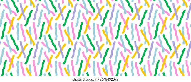Seamless pattern background with wavy ribbon confetti in pink, green, yellow, blue and purple on white. Wavy ribbon pattern in bright colors. Perfect for fabric, wrapping, packaging. Drag to swatches.