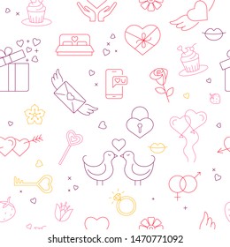 Seamless pattern background with wedding signs and symbols. Love, romance flat line icons - hearts, engagement ring, kiss, balloons, doves, valentine card. Vector Wallpaper on the Valentine's day.