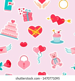 Seamless pattern background with wedding signs and symbols. Love, romance flat line icons - hearts, toy, lock, phone, mobile, capcake, valentine card. Vector Wallpaper on the Valentine's day.
