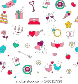 Seamless pattern background with wedding signs and symbols. Love, romance flat line icons - hearts, engagement ring, kiss, balloons, doves, valentine card. Vector Wallpaper on the Valentine's day.