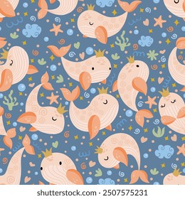 Seamless pattern background with whale princess with crown

