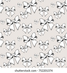 Seamless pattern background with white bow. Vector backdrop for holiday decorating greeting cards for wedding, bridal, birthday, Valentine's day, new year, Christmas.