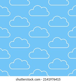 Seamless pattern background with White fluffy cartoon clouds on light blue sky. Vector illustration for kids fabric or backdrop.