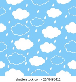 Seamless pattern background with white fluffy cartoon clouds and drops rain on light blue sky. Vector illustration for kids fabric or backdrop.