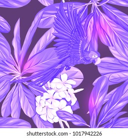 Seamless pattern, background with white plumeria and parrot.  Hand drawn monochrome ultra 
violet  vector illustration without transparent and gradients.