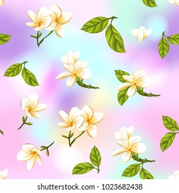 Seamless pattern, background with white plumeria on vanilla background. Hand drawn colorful vector illustration without transparent and gradients.