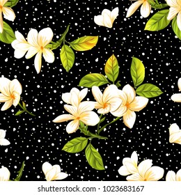 Seamless pattern, background with white plumeria on black background. Hand drawn colorful vector illustration without transparent and gradients.