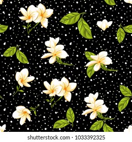 Seamless pattern, background with white plumeria on b&w stripes background. Hand drawn colorful vector illustration without transparent and gradients.