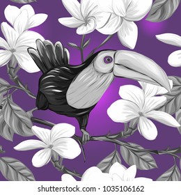 Seamless pattern, background with white plumeria and parrot.  Hand drawn monochrome ultra violet  vector illustration without transparent and gradients.