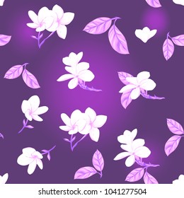 Seamless pattern, background with white plumeria.  Hand drawn monochrome ultra 
violet  vector illustration without transparent and gradients.