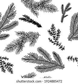 Seamless pattern background with  winter christmas holly, spruce  branches, twigs with leaves, berries. Floral botanical elements. Hand drawn line vector illustration.