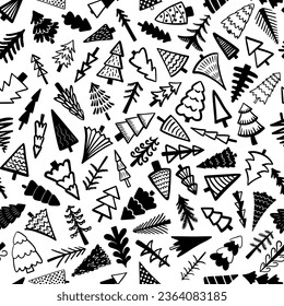 Seamless pattern background with  winter christmas trees, fir, pine, spruce. For holiday package paper, print. Hand drawn line vector illustration.