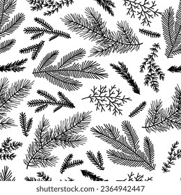 Seamless pattern background with  winter christmas holly, spruce  branches, twigs with leaves, berries. Floral botanical elements. Hand drawn line vector illustration.