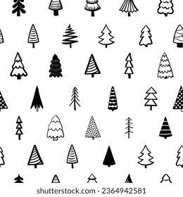 Fondo de diseño sin foco con navidades de invierno, abeto, pino, abeto. Para papel de paquete de vacaciones, imprimir. Ilustración vectorial de línea dibujada a mano.