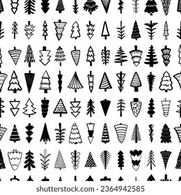 Seamless pattern background with  winter christmas trees, fir, pine, spruce. For holiday package paper, print. Hand drawn line vector illustration.