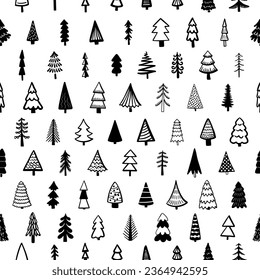 Seamless pattern background with  winter christmas trees, fir, pine, spruce. For holiday package paper, print. Hand drawn line vector illustration.