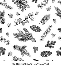 Seamless pattern background with winter christmas holly, spruce branches, twigs with leaves, berries. Floral botanical elements. Hand drawn line vector illustration.