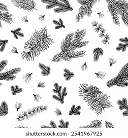 Seamless pattern background with winter christmas holly, spruce branches, twigs with leaves, berries. Floral botanical elements. Hand drawn line vector illustration.