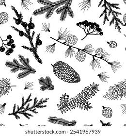 Fundo de padrão sem costura com azevinho de Natal de inverno, ramos de abeto, galhos com folhas, bagas. Elementos botânicos florais. Ilustração de vetor de linha desenhada à mão.