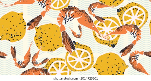 Seamless pattern, background, wrapping paper, illustration, postcard, print with colorful shrimps and lemons in vector