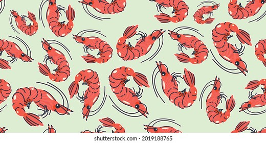 Seamless pattern, background, wrapping paper, illustration, postcard, print with colorful cute shrimps in vector