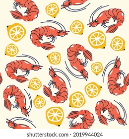 Seamless pattern, background, wrapping paper, illustration, postcard, print with colorful cute shrimps and lemons in vector