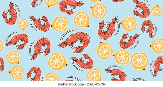 Seamless pattern, background, wrapping paper, illustration, postcard, print with colorful cute shrimps and lemons in vector