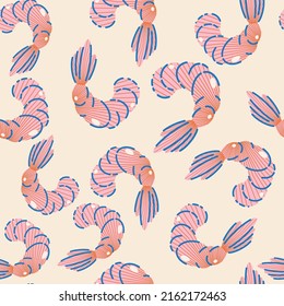 Seamless pattern, background, wrapping paper, illustration, postcard, print with colorful cute shrimps in vector