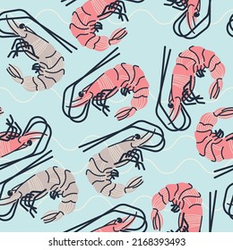 Seamless pattern, background, wrapping paper, illustration, postcard, print with colorful cute shrimps in vector