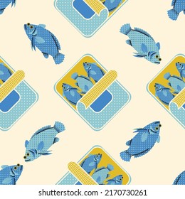 Patrón sin soldadura, fondo, papel envolvente, ilustración, postal, impresión con latas de sardinas en vectores