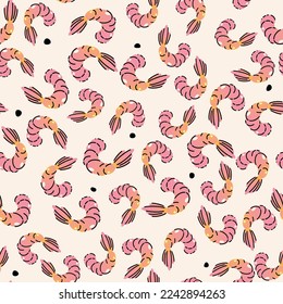 Seamless pattern, background, wrapping paper, illustration, postcard, print with colorful cute shrimps in vector
