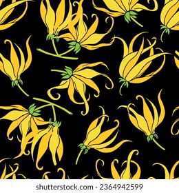 Seamless pattern background with ylang-ylang flowers. Cananga bloom. Floral botanical elements. Hand drawn line vector illustration on black backdrop.