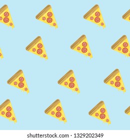 Seamless Pattern Background:Many Cheese Pizza with pepperoni topping on light blue background. Flat design vector.
