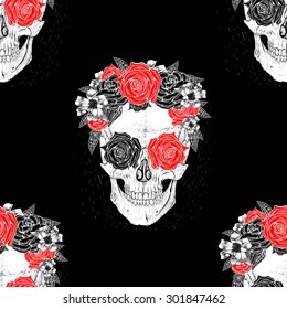 Seamless pattern background.Skull with flowers .Rose in eyes.black background.